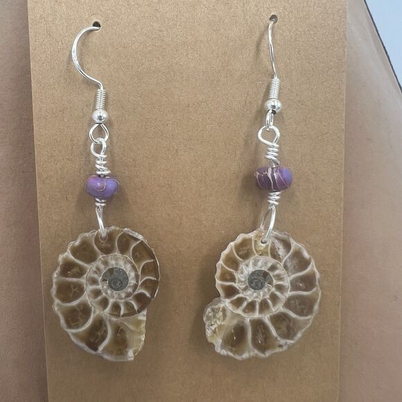 Fossil Jewelry - Natural Ammonite Fossil Gesmtone Sterling Silver Earrings Handmade With Opal